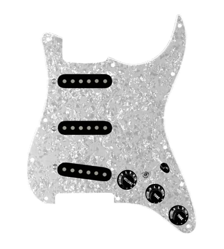920D Custom Generation Loaded Pickguard For Strat With Black Pickups and Knobs, White Pearl Pickguard For Strat, and S7W-MT Wiring Harness image 1
