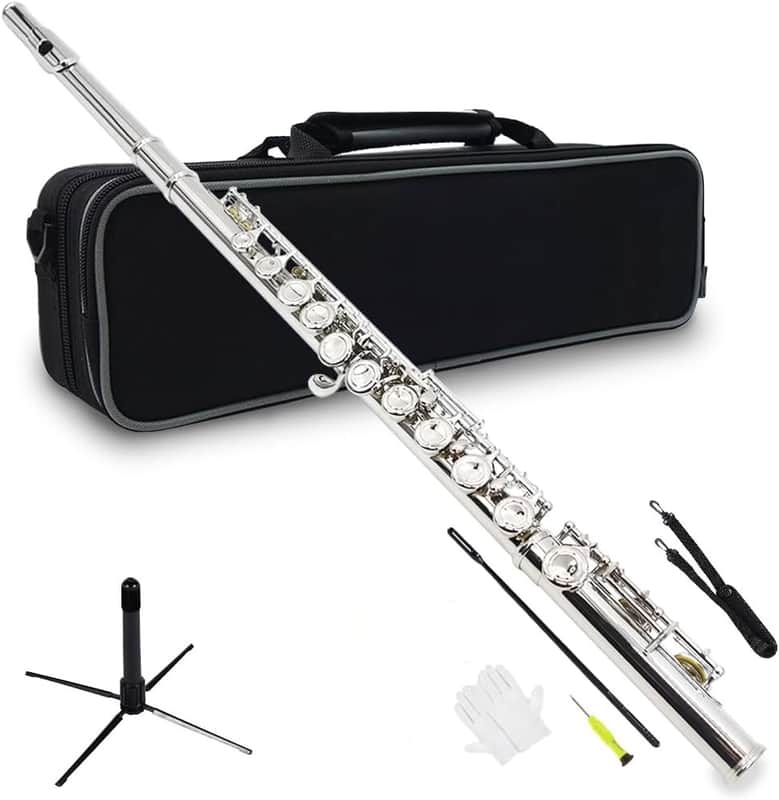 C Flute Closed Hole 16 Keys Flute Nickel-Plated for Beginner, Kids, Student with Carrying case, Metal stand, Gloves, Tuning Rod, Cleaning kit image 1
