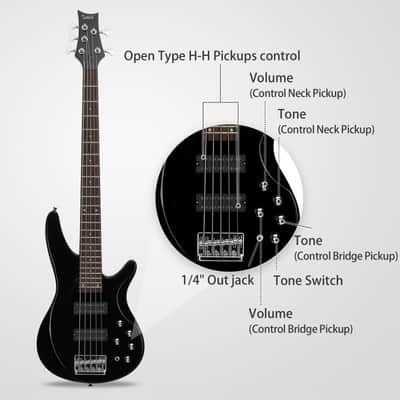 Glarry GIB 5 String Bass Guitar Full Size Open-coil HH Pickup Black + 20W Amplifier image 5