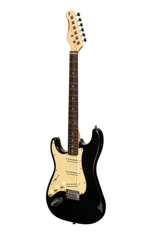 STAGG Left-Handed S-Type Electric Guitar with Paulownia Body and Triple Single-Coil Pickups Black image 1