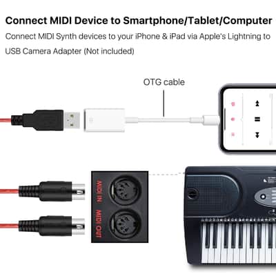 Midi To Usb Cable Interface Converter - In Out Midi Cable Host Adapter Plug Controller Wire Cord For Keyboard Synthesizer Device To Mac Pc Computer Laptop Ipad Iphone Music Studio (Red 6 Ft) image 3