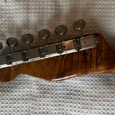 Custom Built Tiger Flame Fender Style Tele,Telecaster Guitar NECK, CUSTOM UPGRADED to simulate a 1957 Tele Neck, with a new set of Kluson style tuners, a vintage style String Tree, and a New 1957 Tele Neck Logo decal image 9