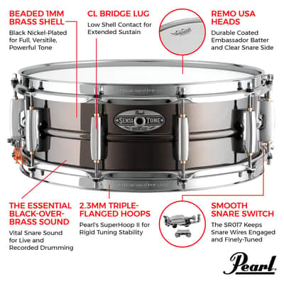 Pearl 14"x5" SensiTone Heritage Alloy Black Nickel-over-Brass Snare Drum with Beaded Shell, 2.3mm Triple-Flanged Hoops, and 10 arched CL Lugs image 2
