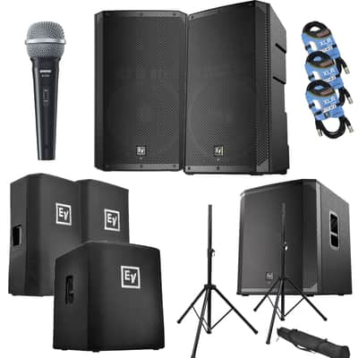(2) Electro-Voice ELX200-15P, (1) EV ELX200-18SP, (2) ELX200-15P Covers, (1)ELX200-18SP Cover, (2) Speaker Stands, SV100 Mic, (3) XLR Cables Bundle image 1