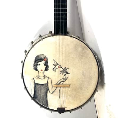 Old 5 string banjo with a painted head The Flapper and the Hummingbird 1930s - Wood and calf skin image 2