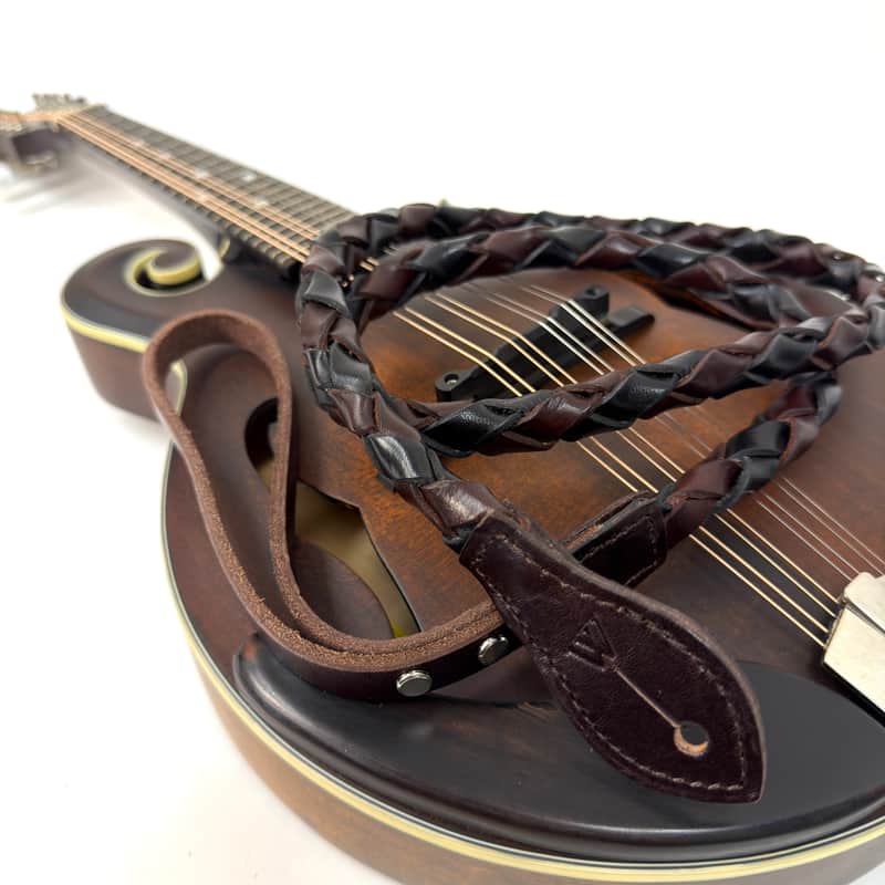 Walker And Williams M-51-CGN/BLK Throwback Series Chestnut Brown And Black Grain Leather "Twist" Mandolin Strap image 1