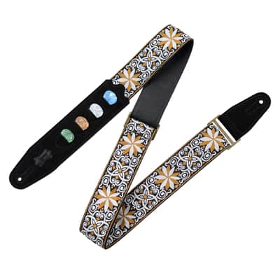 Levy's Vintage Hootenanny Series 2" 60s Style Jacquard Weave Guitar Strap with (4) Guitar Pick Holder Genuine Leather End, Brown and White image 1