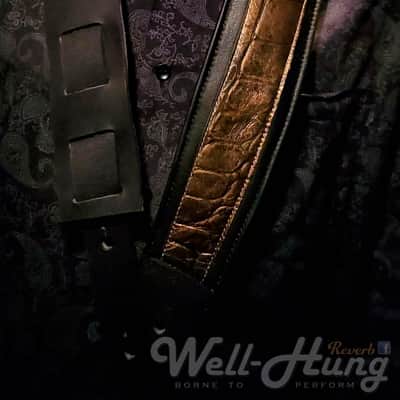 Well-Hung "Lust for Lustre" - 3" wide padded black leather comfort strap with gold reptile image 4