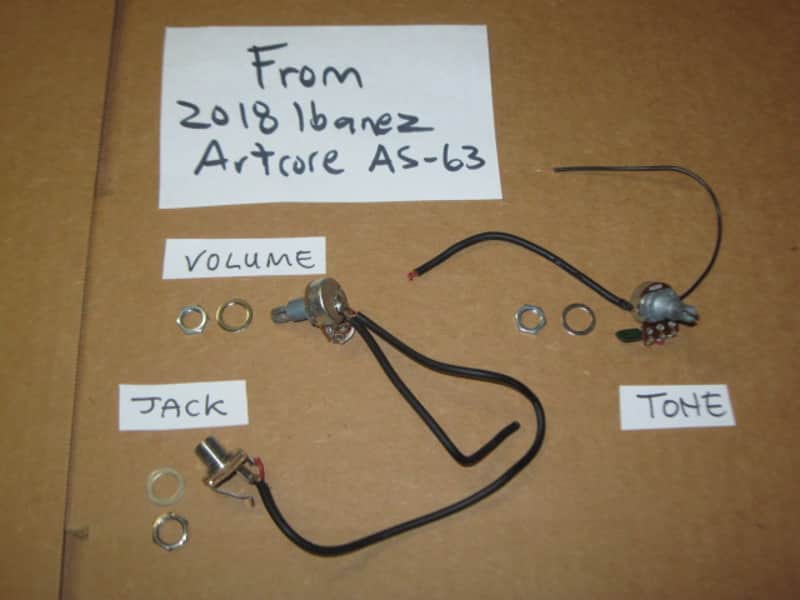 rarely used genuine Ibanez control harness (1 VOL pot B500K, 1 TONE pot A500K w/ capacitor, 1 jack) +main wires & nuts/washers & extra wires [NO switch] (from display piece 2018 Artcore AS-63 (NO: guitar, other parts) Metric, 18 spline coarse split shaft image 1