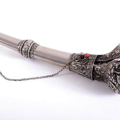 Antique Tibetan Ceremonial Hand Carved Silver Trumpet - Buddhist - Mus. Instrument - Monastery Religious Horn - Artifact - Bone Kangling - Shaman - Nepal image 4