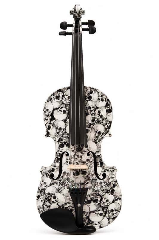 Geneva Tomb of Skulls 4/4 Electric Violin – Black & White Skull Design, Passive Pickup w/ Case & Bow image 1
