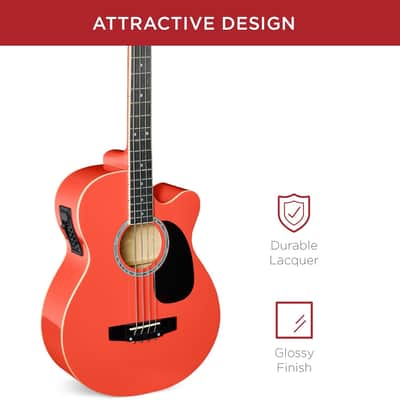 Acoustic Electric Bass Guitar, Full Size 4 String, Fretted Bass Guitar w/Padded Gig Bag - Red image 3
