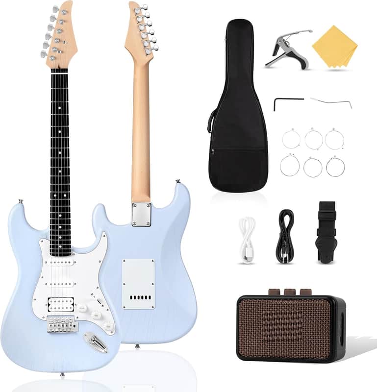 39 Inch Electric Guitar with HSS Pickups & Single-Coil Tremolo System - with 5W Amp, Techwood Fingerboard, C-Shaped Satin Neck, All Accessories Included Gig Bag, Tuner, String, Capo, Strap image 1