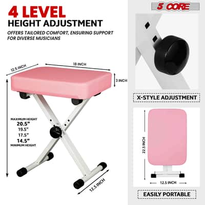 5 Core Keyboard Bench 3 Inch Padded Piano Stool Adjustable 20.5" Guitar Seat Heavy Duty Portable image 2