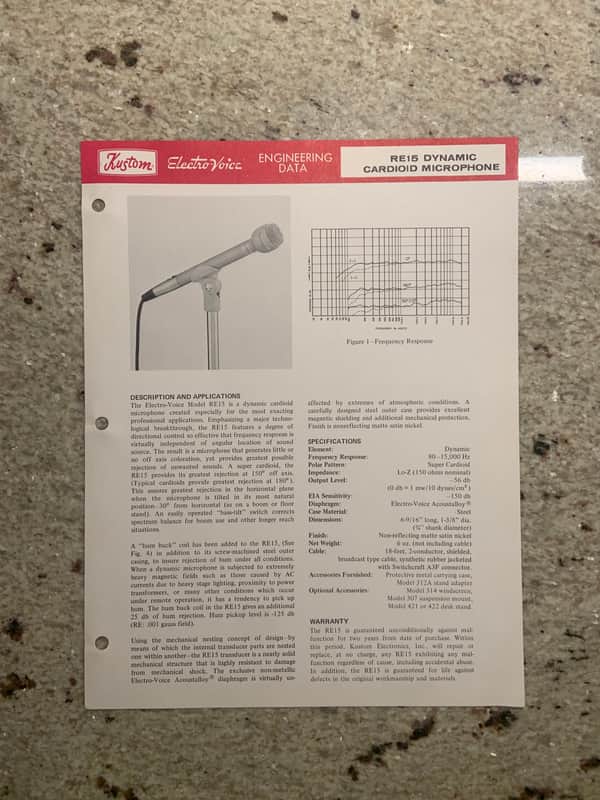 Vintage 1970s Kustom Electro Voice RE15 Dynamic Cardioid Microphone Spec Sheet! image 1