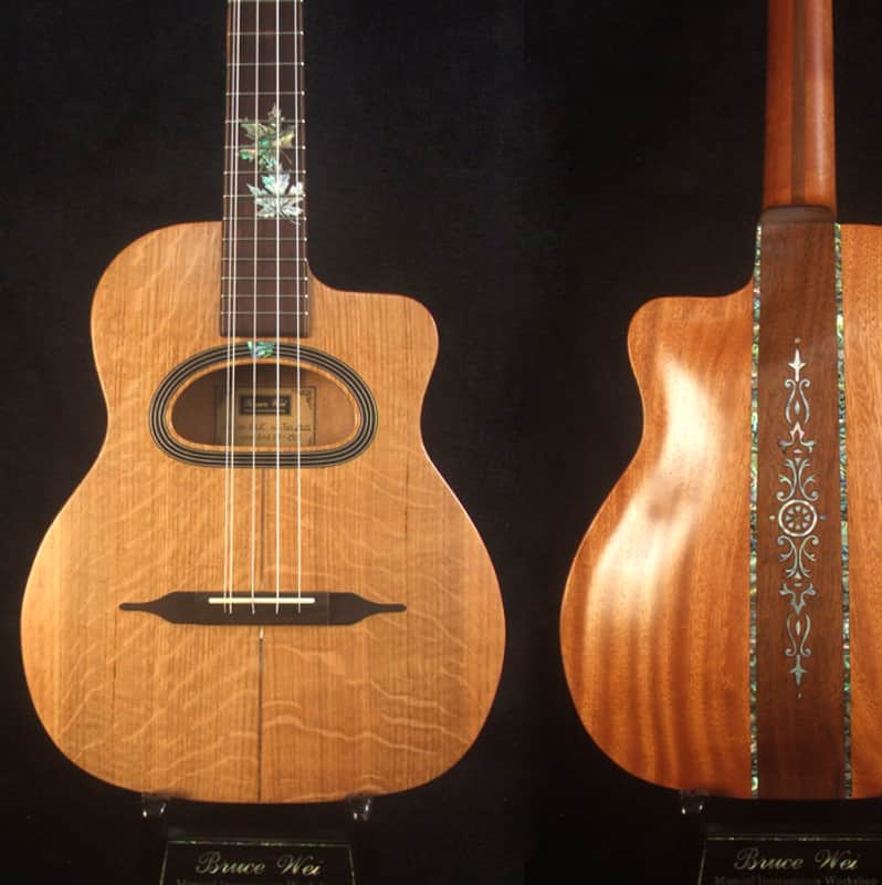 Handcrafted Gypsy Baritone Ukulele, ArchBack, 5 String, Solid Curly Ash, Mahogany & Walnut, Maple Leaf Inlay, Bruce Wei GUT19-001 image 1