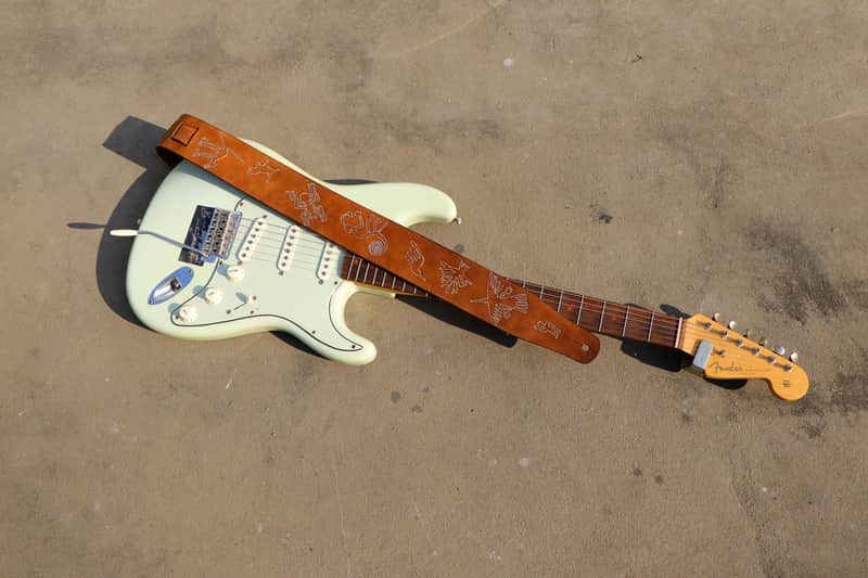 Burny Black custom made guitar strap leather - nasca lines brown/white made to order - oil image 1