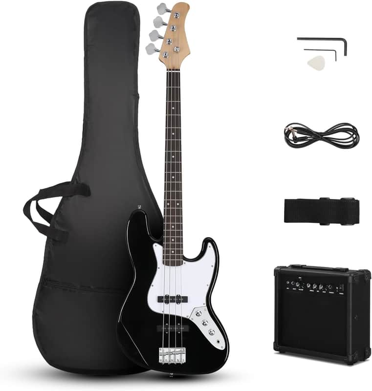 Electric Bass Guitar with 20Watt Amplifier, 4 String Right Handed Electric Bass Kit for Beginner & Professionals W/a Bag, Shoulder Strap, Guitar Pick, Wrench Tool(Black) image 1