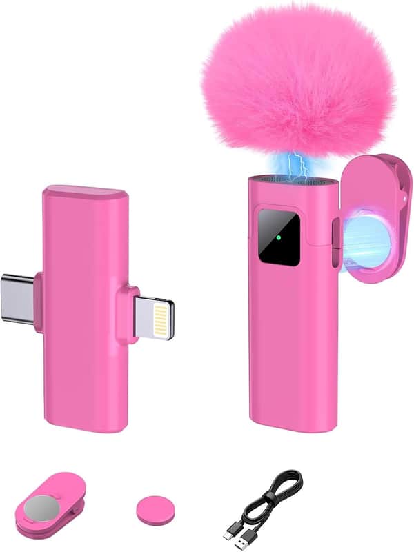 Wireless Lavalier Microphone for iPhone & Android, Magnetic Mic with AI Noise Cancellation, 65ft Range, Dual Lightning/USB-C Receiver for Vlogging, Recording, Podcast (Pink) image 1