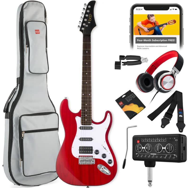 Beginner Electric Guitar Kit w/ Headphone Amp, Padded Gig Bag, Headphones - Red image 1