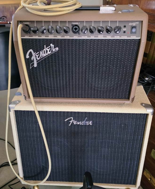 Fender 40 Watt Acoustasonic 6 & 12 Acoustic Guitar & Mic with Fender Ext Cabinet Stereo Two 8-inch Speakers & Correct Extra $ Cable and $25' Fender Guitar Cord! 2024 - Brown Tolex image 1