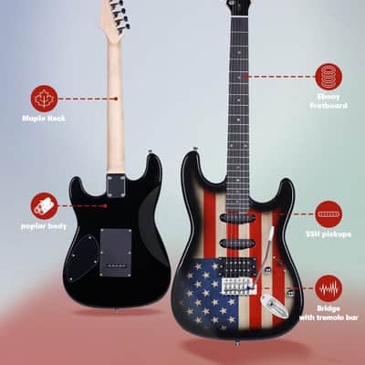 Leo Jaymz 39“ Full Size ST Style Electric Guitar Starter Kit with SSH Pickup, 5W Portable Amp - US Flag image 3