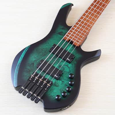 Custom Green 5 String Headless Bass, Burl Wood Top Body, Basswood Body, Maple Neck, 24 Frets Fingerboard