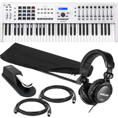 Arturia KeyLab MKII 61 White, Sustain Pedal, Dust Cover, (2) Midi Cables, Tascam TH02 Bundle