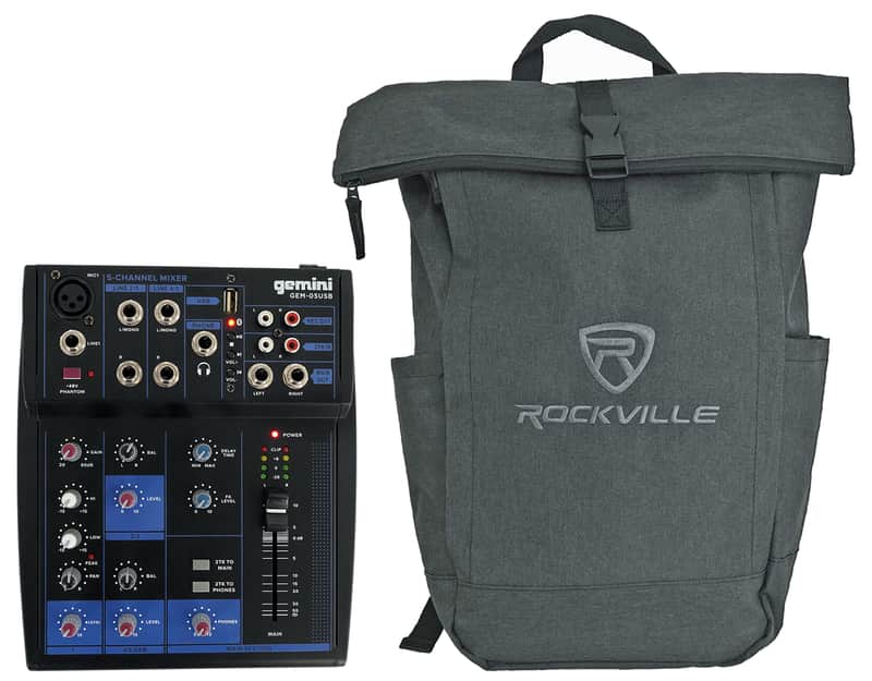 Gemini GEM-05USB Compact 5 Ch. Bluetooth Mixer w/USB/2 Bus/2 Band EQ+Backpack image 1
