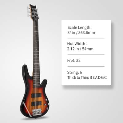 Glarry Full Size GIB 6 String H-H Pickup Electric Bass Guitar Bag Strap Pick Connector Wrench Tool 2020s - Sunset Color image 6