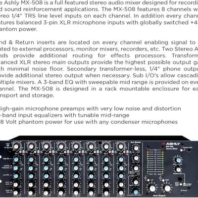 Ashly MX-508 3RU Rack-mountable 8-input Balanced Stereo Microphone Mixer w/ 3-band Sweep EQ & AUX Sends image 7