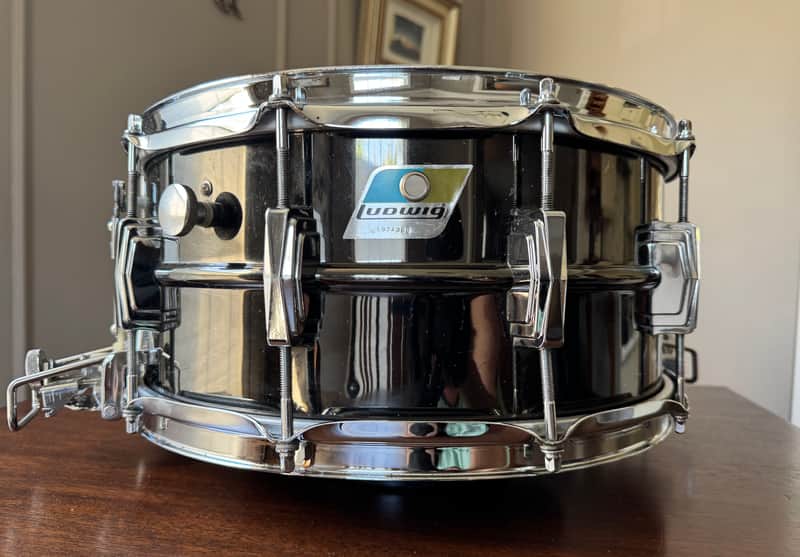 1979 Ludwig Black Beauty Super-Sensitive 6.5x14" 10-Lug Brass Snare Drum with Pointed Blue/Olive Badge 1977 - 1979 - No. 419 Black Nickel-Plated Super Sensitive image 1