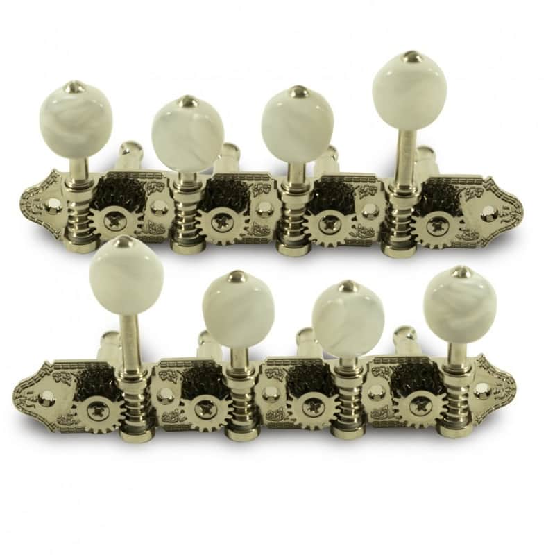 Grover Vintage Style F Professional Mandolin Machine Heads 4 per side Nickel w/ Pearloid Buttons image 1
