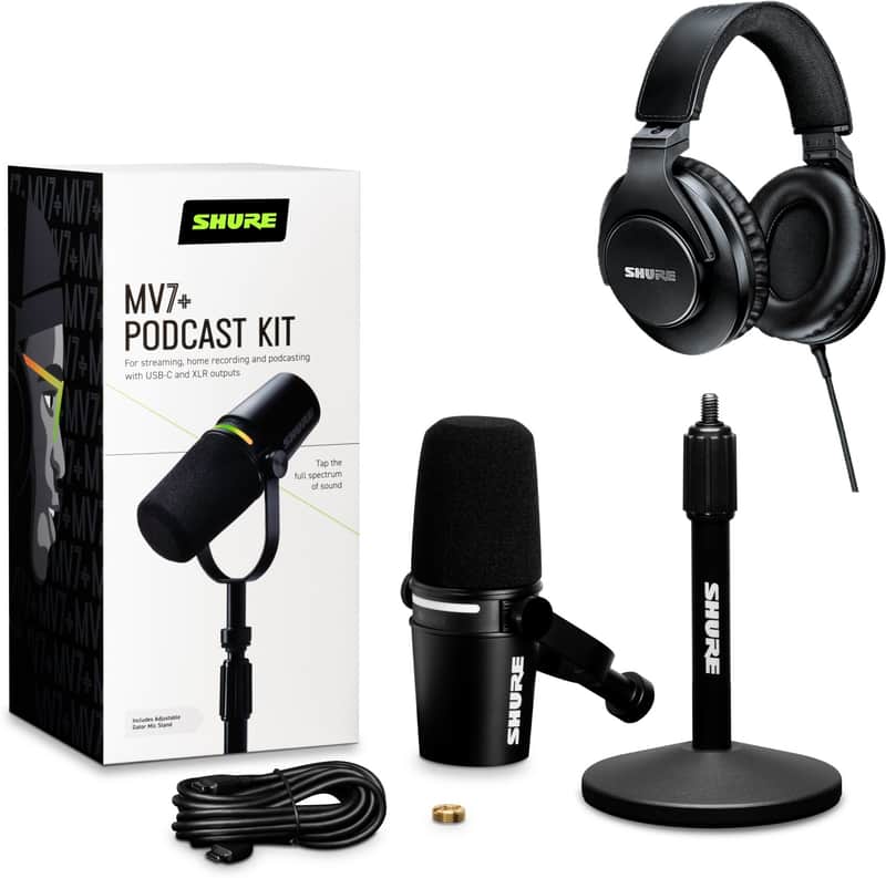 Shure MOTIV MV7 Dynamic Cardioid USB and XLR Podcast Microphone, Black, Podcast Kit with Manfrotto PIXI Mini Tripod & SRH440A Headphones image 1
