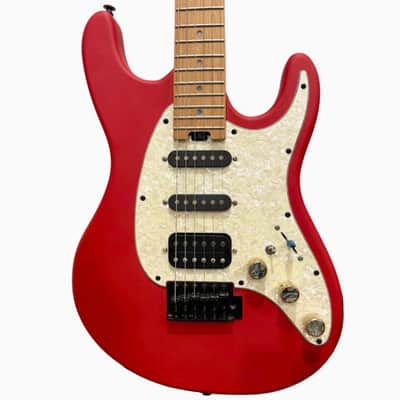 1 of 1 Custom Red Cordovox Strat Style / ST HSS Electric Guitar | Gold Control Knobs w/ Abalone Shell | Shiny Blue Pickup Switch Cap | White Pearl Pickgaurd | Abalone Shell Fret Stickers | Roasted Maple Neck / Fretboard image 1