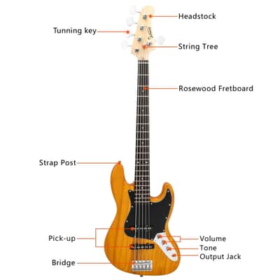 Glarry GJazz Electric 5 String Bass Guitar Full Size - Yellow image 5