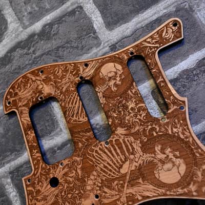 Wood Pickguard for Stratocaster HSS and SSS Laser engraved Real Cherrywood with Unique Artwork "Stumble" image 3
