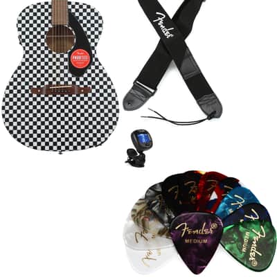 Fender Tim Armstrong Hellcat Acoustic-electric Guitar - Checkerboard  Bundle with Fender 2" Polyester Logo Strap - Black with White Logo... (4 Items)