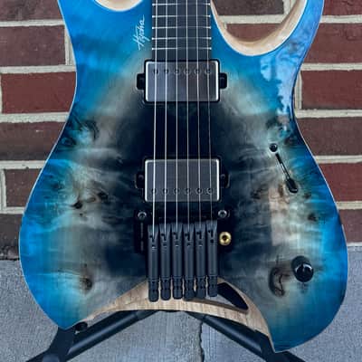 Mayones Hydra Elite PRO 6, Supernova Blue Gloss, 3A Eye Poplar Top, Swamp Ash Body, 5pc Wenge/Purpleheart Neck, Ebony Fretboard, CSL Sophia Tremolo, Velvetrone Ironside + Solium Pickups, Mayones Hybrid Case image 2