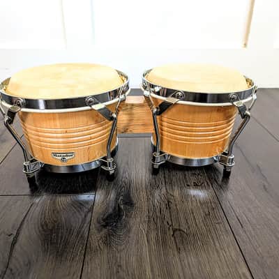 Vintage Latin Style Siam Oak Wood Bongos Hand Drum Percussion Natural Gloss Lacquer Shell Traditional Afro Cuban Rims Chrome Professional Grade image 3