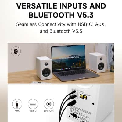Edifier Bookshelf Speakers, 66W RMS Desktop Speakers, Hi-Res Audio & Hi-Res Wireless Audio Computer Speakers, Bluetooth V5.3 Speakers with USB-C AUX Input and Stands – White image 5