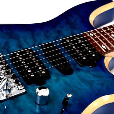 Bootlegger Guitar Royal HHH, Floyd Rose Double Locking Tremolo Blue Clear Quilted Maple finish, Stiletto Hard Case image 15
