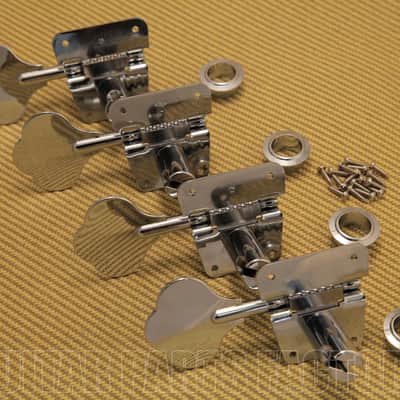 007-6568-049 Set of 4 Fender Chrome Logo Cloverleaf 70s Logo Bass Tuners 0076568049 image 3