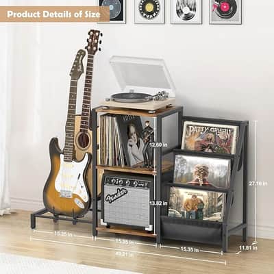 Record Player Stand, Guitar Stand for Acoustic, Electric Guitar, Bass with Amp Stand, 3-Tier Vinyl Record Storage Up to 200 Albums, Record Player Table for Record Player, Speaker, Amplifier image 5
