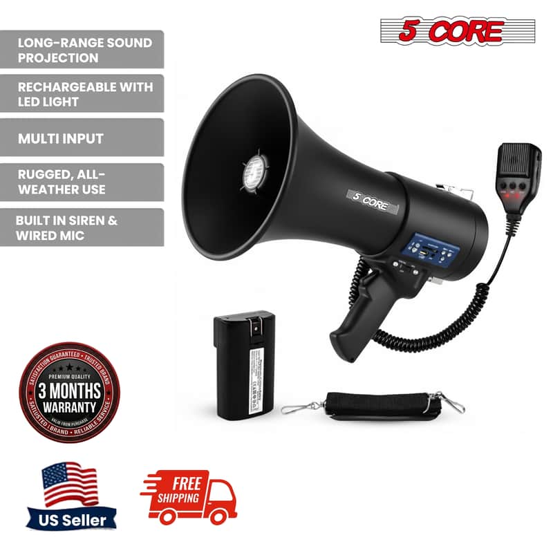 5 Core Megaphone 50W Bluetooth Rechargeable Bullhorn 1100 Yards Loud Siren for Soccer Baseball Coach image 1