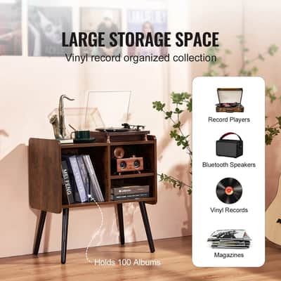 Vintage 2-Tier Record Player Stand with Adjustable Shelves – Solid Wood Turntable Table with 3 Cabinets & Vinyl Album Storage image 1