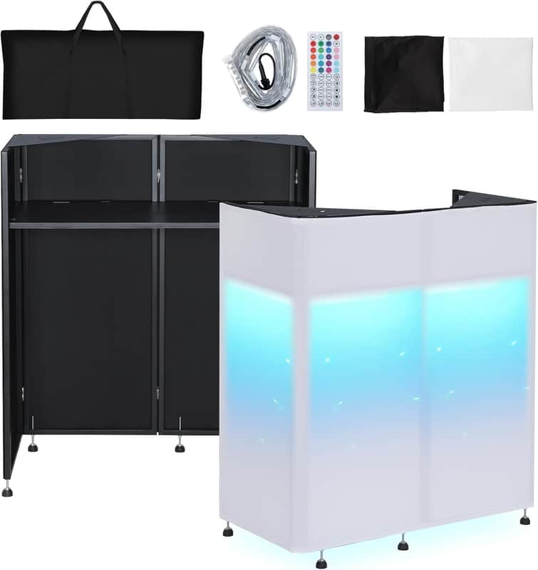 Portable DJ Booth 20"x42.5"x45.3" with Dual Top Corners, DJ Facade Booth with Cable Hole, DJ Table Stand with Light Strip and Remote Control, Metal Frame + Black & White Scrims + Carry Bag image 1