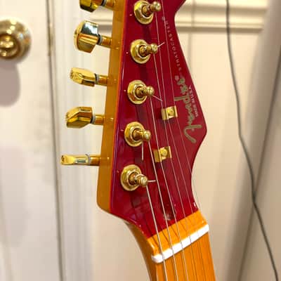 1 of 1 Custom Super Mario Nintendo Red Electric Guitar Strat Style / ST HSS | Mushroom Control Knobs | Green Warp Pipe Pickup Switch | Gold Pickups / Bridge / Tuning Pegs / Input Jack | Hand Painted Blue Pickgaurd | Red & Blue Guitar image 5