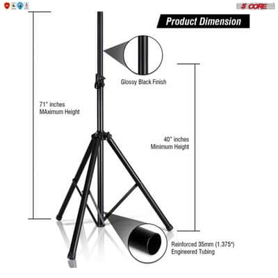 5Core Professional Speaker Stand Tripod Adjustable Heavy Duty Durable Steel Portable on stage or in Studio SS HD 2 PK image 3