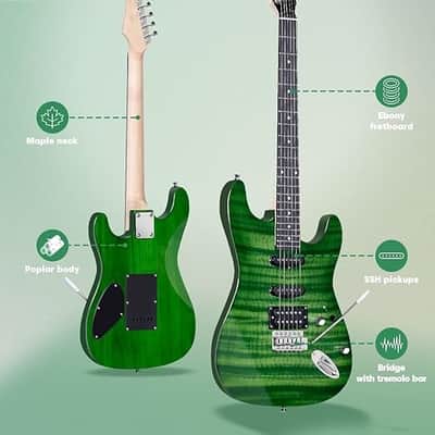 39" Full Size ST Style Electric Guitar Starter Kit with SSH Pickup, 5W Portable Amp, Tuner, Gig Bag, Strap & Accessories (Green Flame) image 2